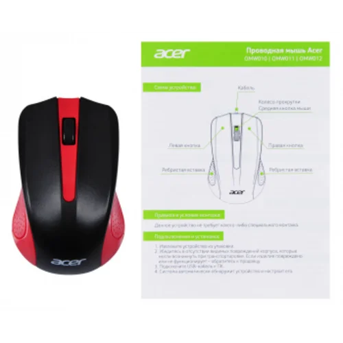 Мышь Acer OMW012 черный/красный оптическая (1200dpi) USB (3but)
