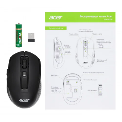 Мышь Acer OMR070 черный оптическая (1600dpi) беспроводная BT/Radio USB для ноутбука (6but)