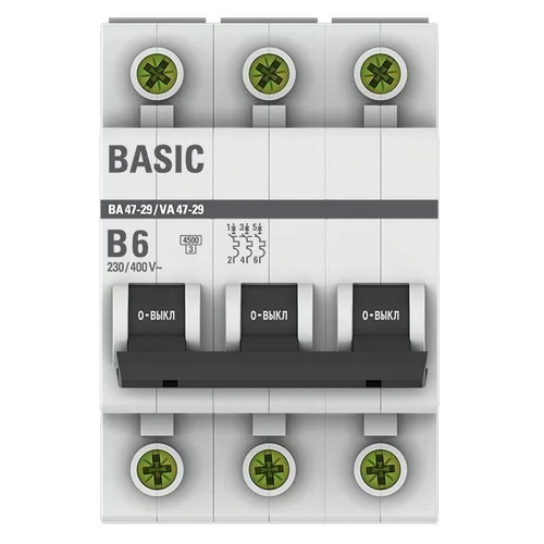 Выключатель автоматический модульный 3п B 6А 4.5кА ВА 47-29 Basic EKF mcb4729-3-06-B