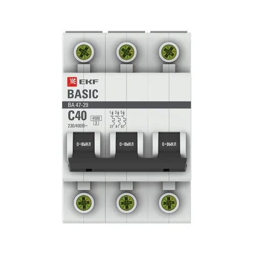 Выключатель автоматический модульный 3п C 40А 4.5кА ВА 47-29 Basic EKF mcb4729-3-40C