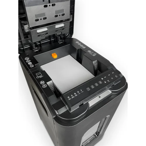 Уничтожитель документов ГЕЛЕОС АП55-4, DIN P-4 (4 ур-нь секр.), фрагмент 3,9х12мм, АВТОПОДАЧА 400 лист (70г/м2), пл.карты/скрепки/скобы, 55 литров